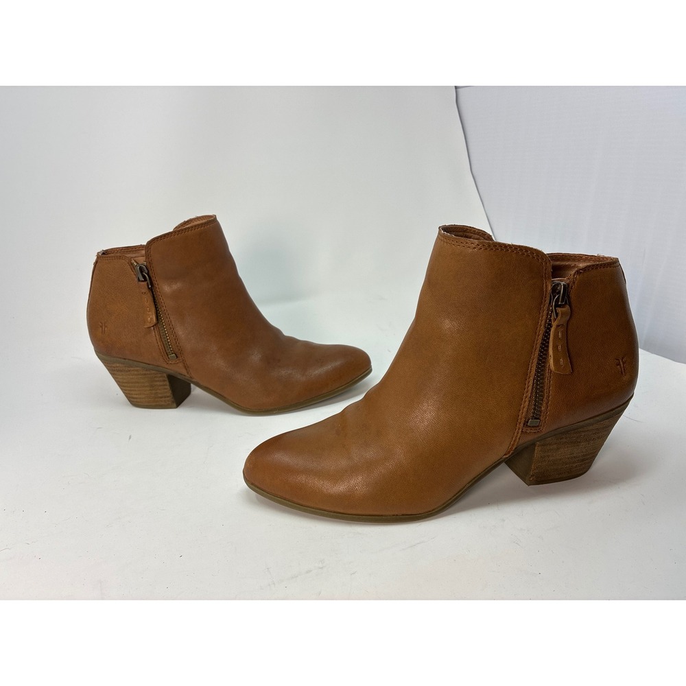 Frye Judith Ankle Double Zip Bootie Women 8M 3475044 Cognac Leather Block Heel